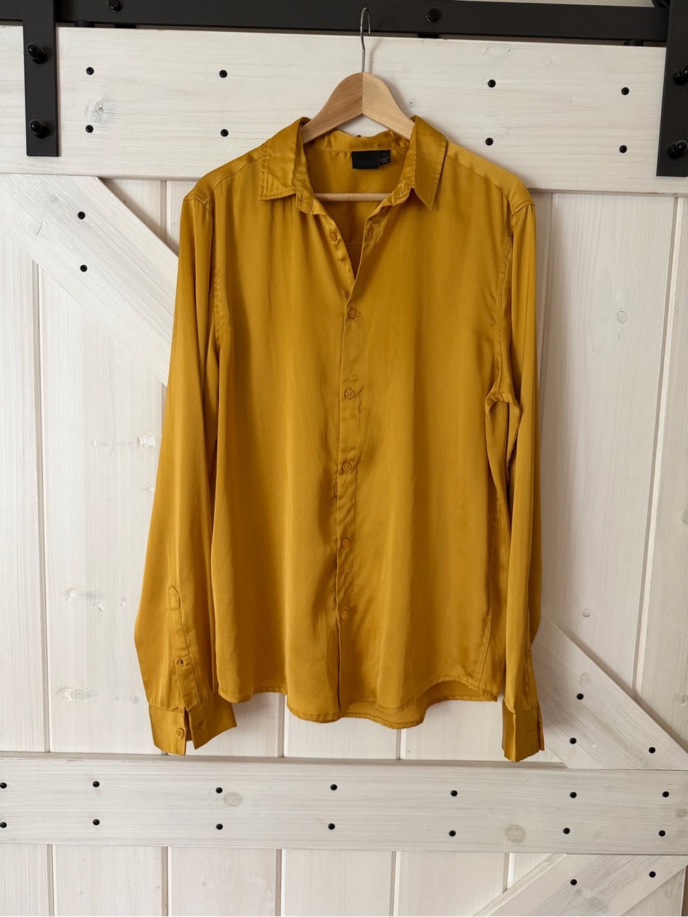 Men’s Satin ASOS Mustard Yellow Button-Up Long Sleeve Shirt